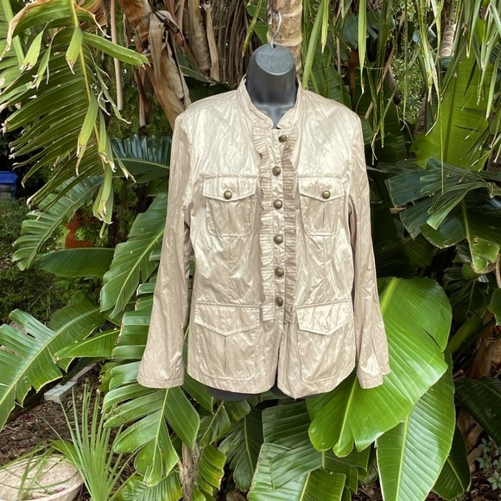 Chicos champagne, metallic cargo jacket with pleated ruffle